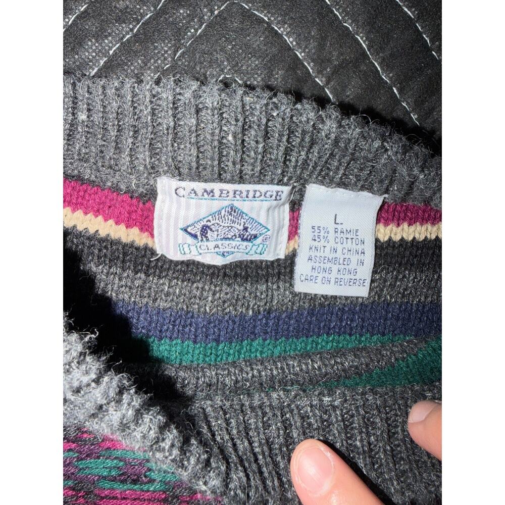 Vtg 80s 90s Cambridge‎ Classic Unisex Knit Sweater Geometric Grandpa Core Lg - Picture 2 of 5